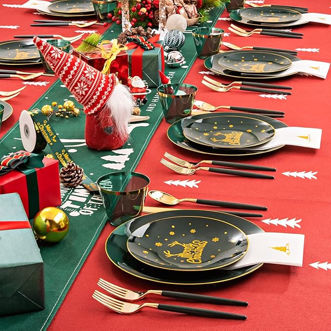 Nervure 175PCS Christmas Plastic Plates - Green and Gold Disposable Plates & Gold Plastic Silverware with Green Handle include 50 Plates 25Knives 25Forks 25Spoons 25Napkins for Christmas Party