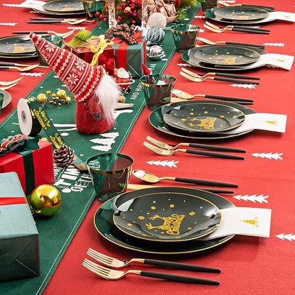 Nervure 175PCS Christmas Plastic Plates - Green and Gold Disposable Plates & Gold Plastic Silverware with Green Handle include 50 Plates 25Knives 25Forks 25Spoons 25Napkins for Christmas Party