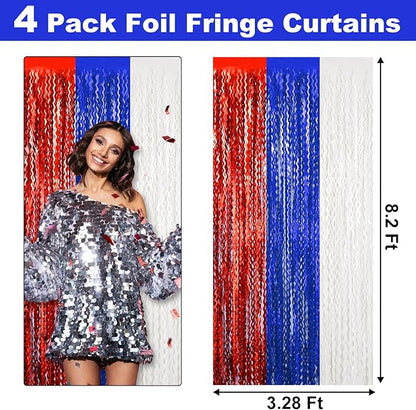 4 Pack White Blue Red Fringe Curtain Backdrop 3.2Ft x 8.2Ft Metallic Tinsel Foil Fringe Streamers Background for Photo Booth Mother's Day, Easter, Carnival, Birthday, Wedding Party Decoration