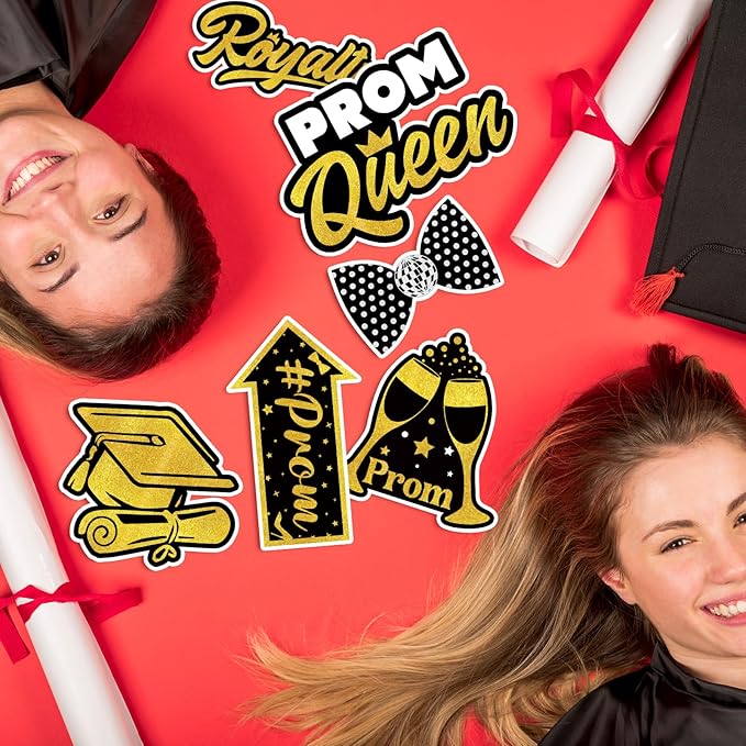 24 Pieces Black Gold Prom Photo Booth Props Kit, Graduation Party Decorations Supplies for Prom Night, Themed Dance & Senior High School Decor