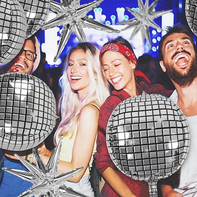OuMuaMua Disco Ball Balloons for 70s Disco Party Decor, 22 Inch Large 4D Metallic Silver Disco Balloons with Stars Balloon for Themed Party, Birthday New Year Christmas Decor 9pcs