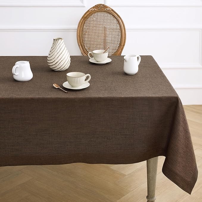 Solino Home Linen Tablecloth 54 x 72 Inch - 100% Pure Linen Chambray Brown Table Cloth for Rectangular Tables - Athena, Machine Washable Cloth Tablecloth for Fall, Autumn
