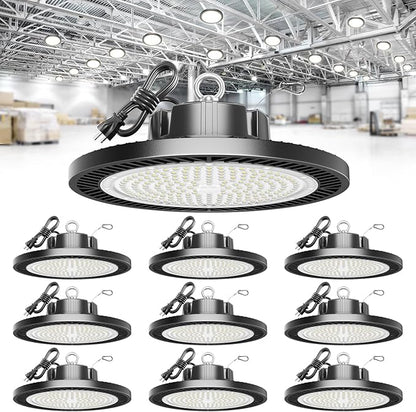 Super Bright 21000lm 5000k 150w 10 Pack UFO Led High Bay Shop Lights with 5'Cable 3-Pin Plug Hook Safe Rope for Garage Factory Warehouse Workshop Barn