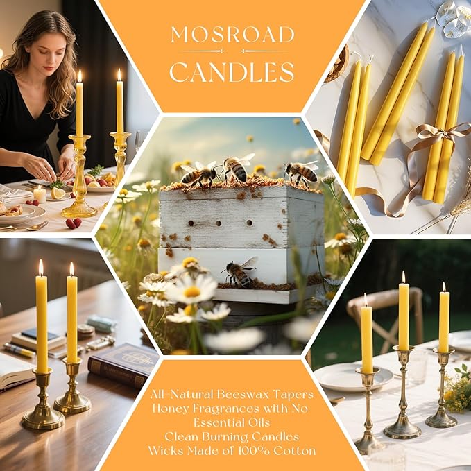 24 Packs Beeswax Taper Candles 9 Inch, All Natural Beeswax Candle Sticks - 10 Hour Burn Time - Smokeless & Dripless Taper Candles for Table Decor, Unscented Bee Wax Tapered Candle