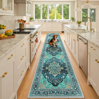 Area Rugs 2'x10' Runner Rug Non Slip Washable for Kitchen Hallway Bedroom Beside Laundry Room Bathroom Rug, Floor Carpet, Teal Green Lake Blue Turquoise