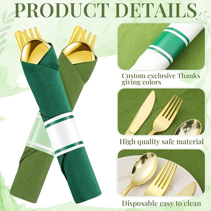 Lasnten 50 Pcs Pre Rolled Sage Green Plastic Silverware Sets for 50 Guest Disposable Plastic Cutlery Set with Napkins for Birthday Wedding Party Supplies
