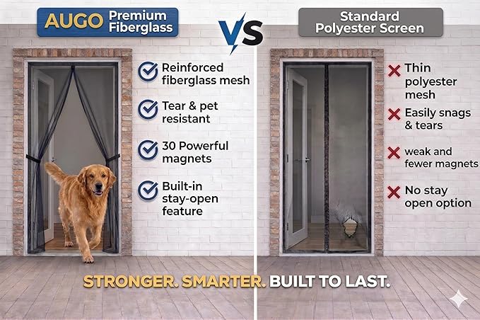 AUGO Heavy Duty Magnetic Screen Door Mesh– Premium Reinforced Fiberglass Mesh, Pet & Kid Friendly, Tear Resistant Hands-Free Self Sealing Closure, Keep Open Feature – 38" x 83"
