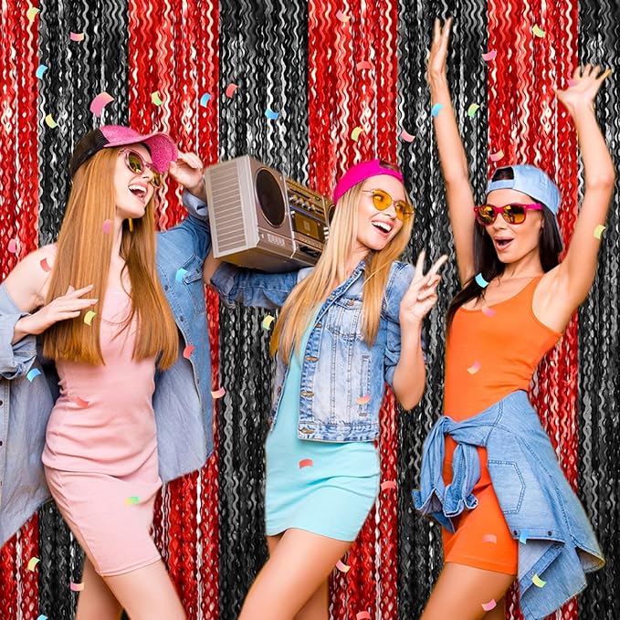 4 Pack Black Red Fringe Curtain Backdrop 3.2Ft x 8.2Ft Metallic Tinsel Foil Fringe Streamers Background for Photo Booth Mother's Day, Easter, Carnival, Birthday, Wedding Party Decoration