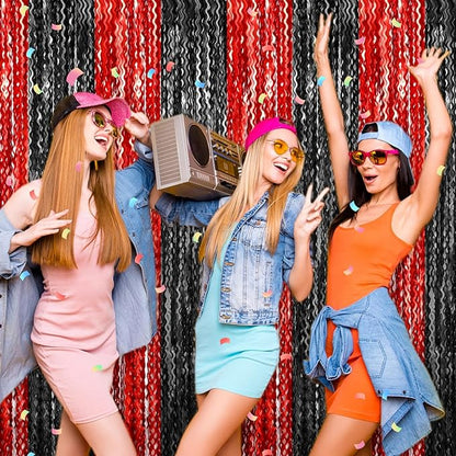 4 Pack Black Red Fringe Curtain Backdrop 3.2Ft x 8.2Ft Metallic Tinsel Foil Fringe Streamers Background for Photo Booth Mother's Day, Easter, Carnival, Birthday, Wedding Party Decoration