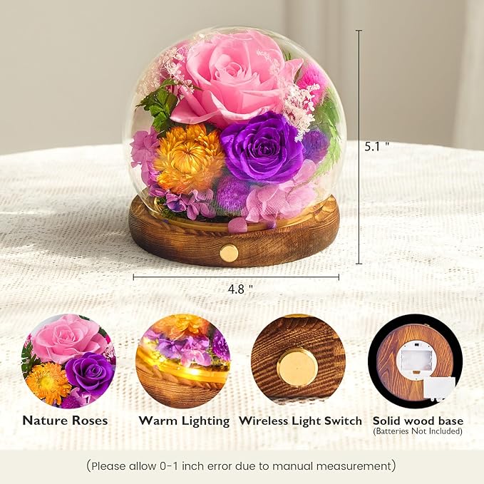 Forever Flowers for Delivery Prime, Preserved Rose in Glass Dome, Gifts for Women Birthday, Long-Lasting Flowers for Mom Wife Grandma Valentine's Day Mother's Day Christmas Anniversary, Pink
