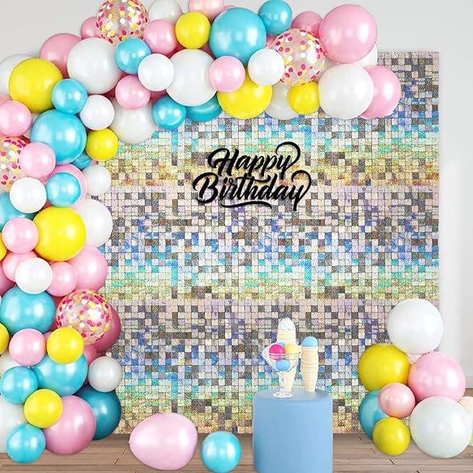 48 PCS Silver Shimmer Wall Backdrop, Laser Square Sequin Photo Backdrops Panel, Glitter Wall Background for Birthdays, Weddings, Halloween, Engagements, Disco Bachelorette Party Decoration (6FTx8FT)