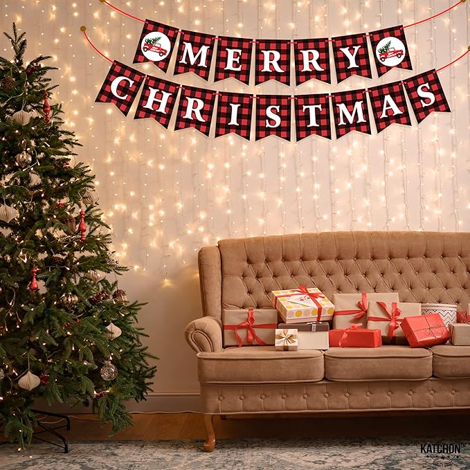 KatchOn, Merry Christmas Banner for Mantle- Large, 10 Feet, No DIY | Red and Black Christmas Fireplace Banner | Buffalo Plaid Christmas Decorations Indoor | Xmas Party Decorations | Xmas Decorations