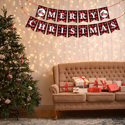 KatchOn, Merry Christmas Banner for Mantle- Large, 10 Feet, No DIY | Red and Black Christmas Fireplace Banner | Buffalo Plaid Christmas Decorations Indoor | Xmas Party Decorations | Xmas Decorations