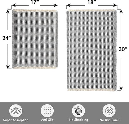 MIULEE Set of 2 Waffle Bathroom Rugs, Boho Bath Rugs Non Slip Washable, Super Absorbent Bath Mats, Ultra Soft Rubber Backed Shower Mats for Bathroom Floor, Tub, LightGrey & Cream, 17"x24"+18"x30"
