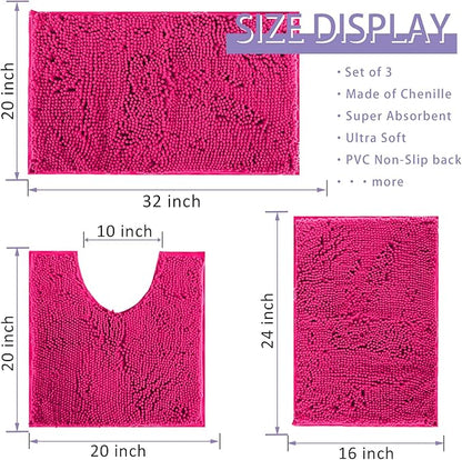 Deep Pink Plush Bath Set - 3 Piece Anti-Slip Mats, Soft Chenille Shaggy Mat for Bathroom, Bedroom & Living Room, Water Absorbent