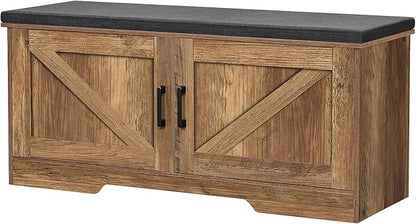 2-Tier Storage Bench, 39.4" Wide Shoe Bench with Padded Seat Cushion, Entryway Bench with 2 Barn Doors and Adjustable Shelf, Rustic Walnut