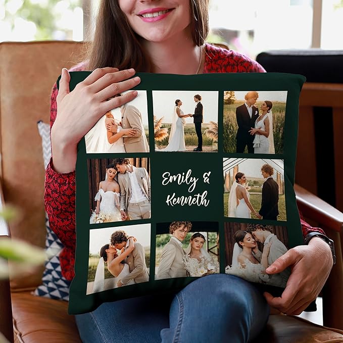 Custom 8 Photo Pillow Cover 16x16 Inch – Personalized Collage Picture Pillow with Optional Text, Custom Throw Pillowcase with Eight Photos, Optional Colors, Photo Gift for Family, Friends, Couples
