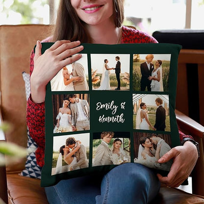 Custom 8 Photo Pillow Cover 16x16 Inch – Personalized Collage Picture Pillow with Optional Text, Custom Throw Pillowcase with Eight Photos, Optional Colors, Photo Gift for Family, Friends, Couples