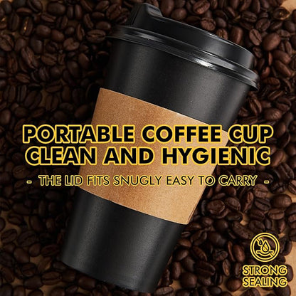 RACETOP 50 Pack 16 oz Coffee Cups with Lids, Black Disposable Coffee Cups with Lids, Sleeves and Stirring Sticks, Hot Paper Coffee Cup 16 oz for Hot Drinks, Parties, Picnic, Travel, and Events