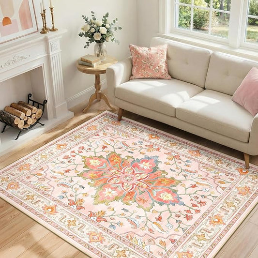 Area Rugs 4'x6' Washable Non-Slip, Floral Vintage Distress Print Pattern Medallion Carpet for Living Room Bedroom Dining Room, Light Pink Colorful
