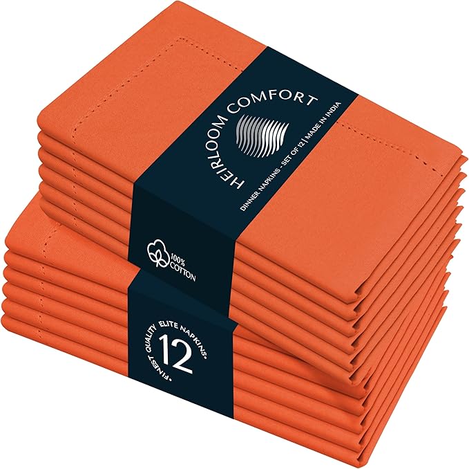 Orange Cloth Dinner Napkins 18x18 Inch - Set of 12 - Durable, Soft, Reusable, Washable - Hemstitch Mitered Edges - Ideal Cotton Napkin for Table Dining, Everyday, Parties, Events