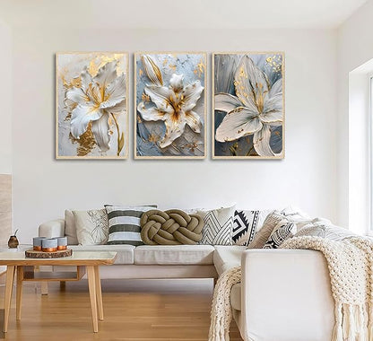 3Pcs Abstract Golden White Flower Wall Art Boho Gold Foil Blossom Canvas Oil Painting 2D Plane Textured Floral Wall Decor Nordic lily Posters Prints for Living Room Bedroom Office Pictures Unframed