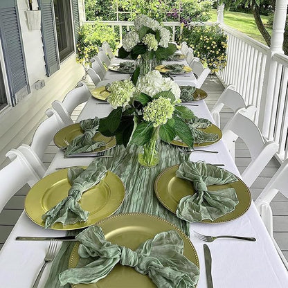 12 Pack Sage Green Table Runner Cheesecloth 35x120 Inch, 10Ft Boho Sheer Gauze Table Runner Cheese Cloth Runner for Wedding Baby Shower Christmas Home Decorations