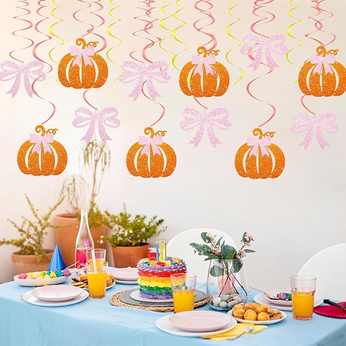 30pcs Pink Bow Pumpkin Hanging Swirls, Little Pumpkin Hanging Decoration for Girl, Thanksgiving Baby Shower Foil Ceilling Decor, Autumn Fall Gender Reveal Party Favors - Orange Glitter