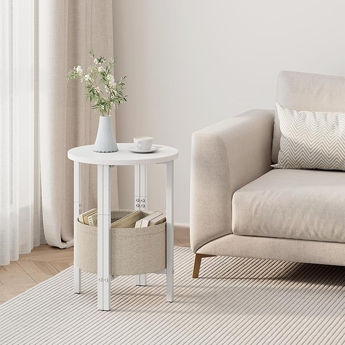 Vagusicc Side Table, Small Round End Table, Tall Accent Table with Storage Basket, Set of 2 Half Round Coffee Tables Half Moon Tables, Bedside Table, Modern Nightstand for Living Room Bedroom, White