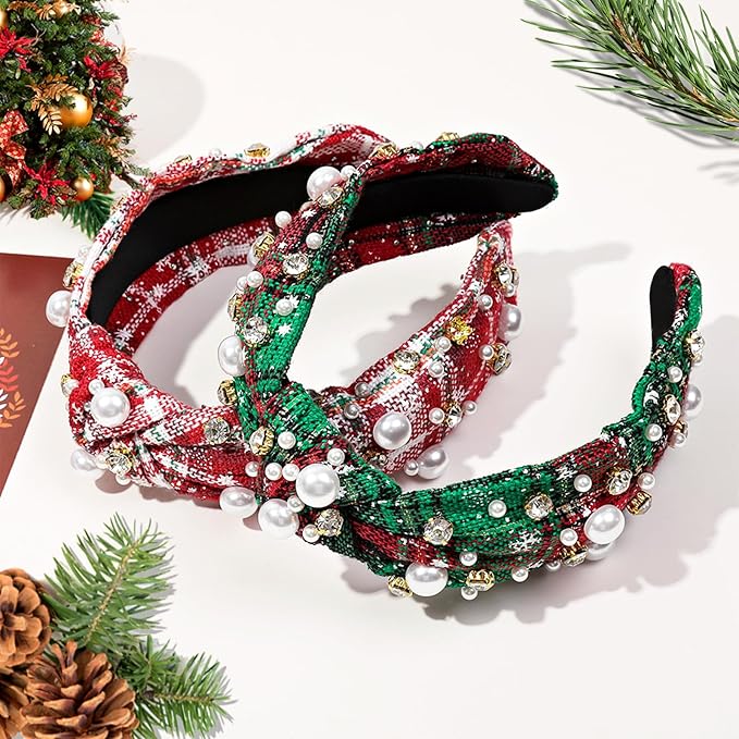 2 Pcs Christmas Headbands for Women Pearl Rhinestone Knot Headband Xmas Crystal Jeweled Hair Band Bow Wide Top Knotted Headband Christmas Hair Accessories Holiday Party Outfits(Snowflake Plaid)