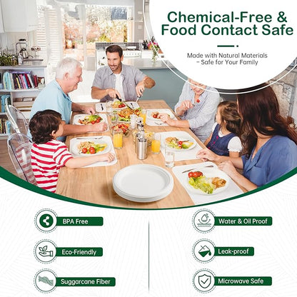 𝟕 𝐈𝐧𝐜𝐡, 𝟏𝟐𝟖-𝐏𝐚𝐜𝐤 Compostable Paper Plates, Heavy-Duty Biodegradable Disposable Dish Made from Bagasse, Perfeck for Snacks, Desserts, Party, Wedding and More (White)