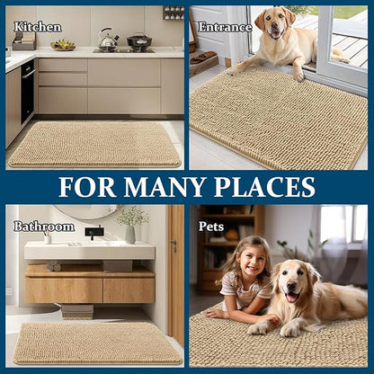 OLANLY Dog Door Mat for Muddy Paws 70x35, Absorbs Moisture and Dirt, Absorbent Non-Slip Washable Doormat, Quick Dry Chenille Mud Mat for Dogs, Entry Indoor Entryway Carpet for Inside Floor, Beige