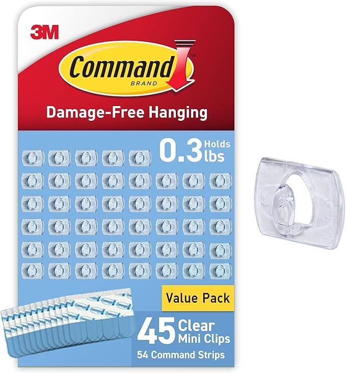 Command Indoor Mini Light Clips, Damage Free Hanging Christmas Light Clips, Mini Wall Clips for Hanging Indoor Christmas Decorations, Lights and Cables, 45 Clear Clips and 54 Command Strips