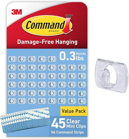 Command Indoor Mini Light Clips, Damage Free Hanging Christmas Light Clips, Mini Wall Clips for Hanging Indoor Christmas Decorations, Lights and Cables, 45 Clear Clips and 54 Command Strips