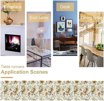 Fall Pumpkin Table Runner Rustic Floral Watercolor Plants White Vegetables Flowers Pastoral Theme Home Decor for Farmhouse Indoor Outdoor Party Holiday Dining Kitchen Restaurant Cafe W13xL90in