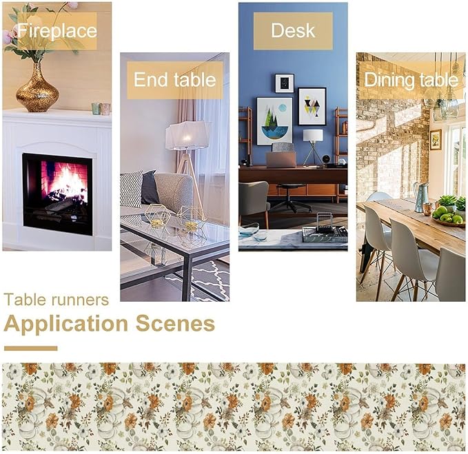 Fall Pumpkin Table Runner Rustic Floral Watercolor Plants White Vegetables Flowers Pastoral Theme Home Decor for Farmhouse Indoor Outdoor Party Holiday Dining Kitchen Restaurant Cafe W13xL36in