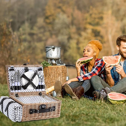 Picnic Basket for 4 Persons with Waterproof Picnic Blanket and Insulated Cooler, Large Wicker Picnic Basket for Camping, Outdoors, Valentine's Day, Christmas, Birthday, Wedding Gift
