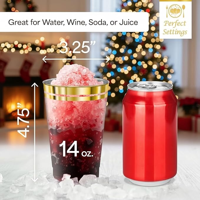 Perfect Settings Premium Double Gold Rimmed Disposable Plastic Cups, Durable Clear Plastic Drinking Glasses for Cold Beverages & Cocktails, BPA-FREE, Disposable Wedding Cups, 14 oz. (Pack of 100)