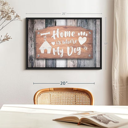 Elephant Stock Home Is Where My Dog Is Wall Art - Horizontal Floating Framed Canvas - 1-Piece Living Room Wall Decor - Pet Digital Art Canvas Print - Gray and Beige Decor for Wall - 25" X 17"