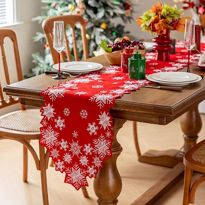 Joyfol Day Christmas Red Table Runner 14 x 86 Inch, Cutwork Embroidered White Snowflake Table Runners, for Xmas Holiday Winter Festival Kitchen Dining Tabletop Decoration