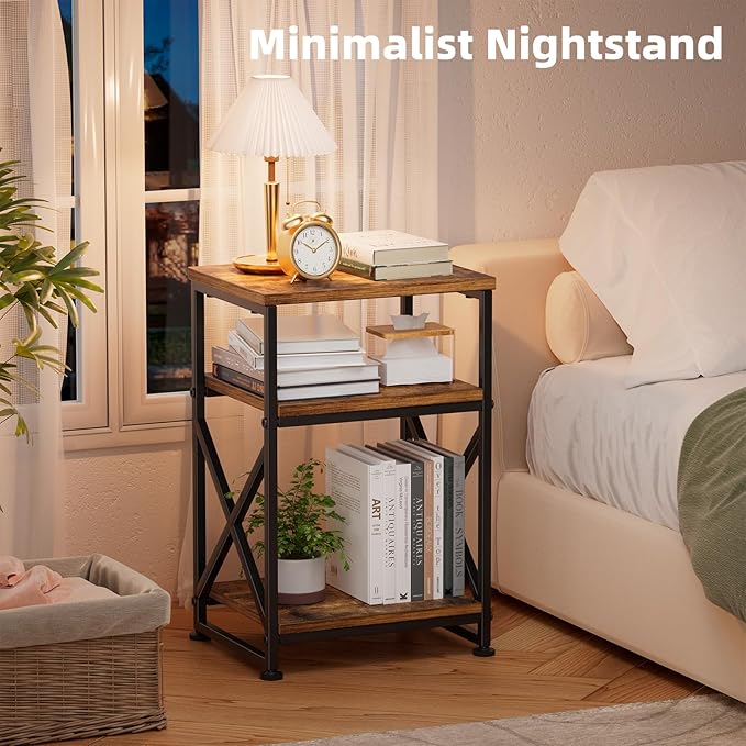 Simple Trending Side Table, End Table Living Room, Bedside Table for Sofa Couch, Nightstand with 3 Tiers Open Shelves, Rustic Brown