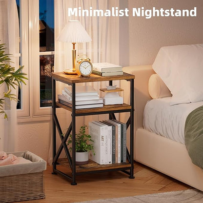 Simple Trending Side Table, End Table Living Room, Bedside Table for Sofa Couch, Nightstand with 3 Tiers Open Shelves, Rustic Brown