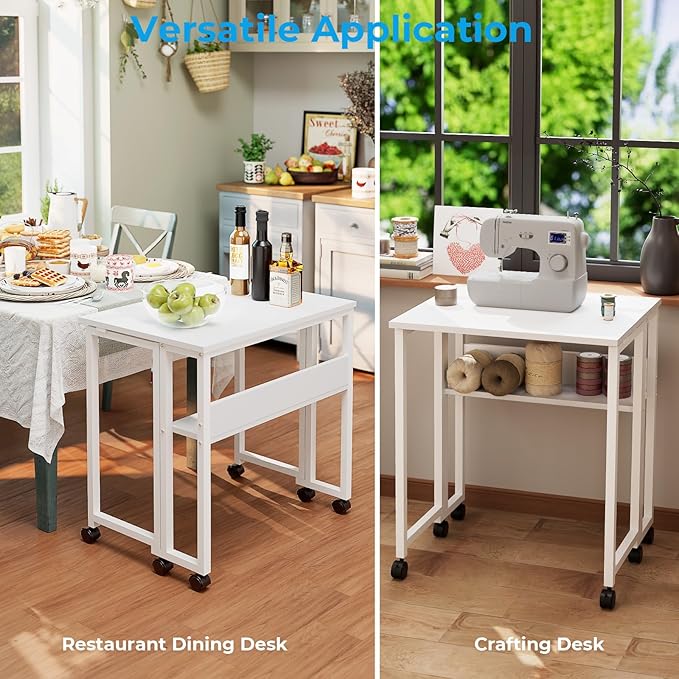 GreenForest Folding Desk Small Rolling Desk with Storage Shelf, 31.5 inch Foldable Computer Desk with Wheels for Small Space, Easy Assembly,Pure White