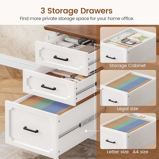 SEDETA 70.9" Executive Desk, Farmhouse Office Desk with Drawers and Storage Cabinet, Power Outlet, Computer Deskfor Home Office, Work Study Writing, White