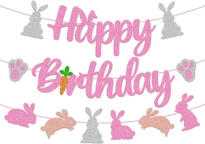 Bunny Birthday Banner Rabbit Bday Party Decorations Bunny Paw Ears Carrot Easter's Day Theme for Kids Boy Girl Baby Shower Party Supplies (Pink)