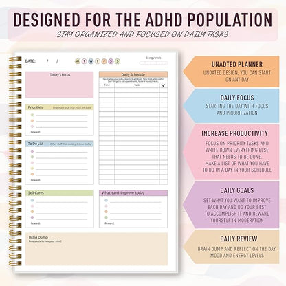 ADHD Planner for Women，Daily Productivity Planner with Task Management Organizer for Neurodivergent Adult,Teens , Self-Cares, Daily Schedule,To-Do List,Brain Dump,ADHD Journal with Cardboard Cover to Stay Organized and Focused (Colorful Leaves)