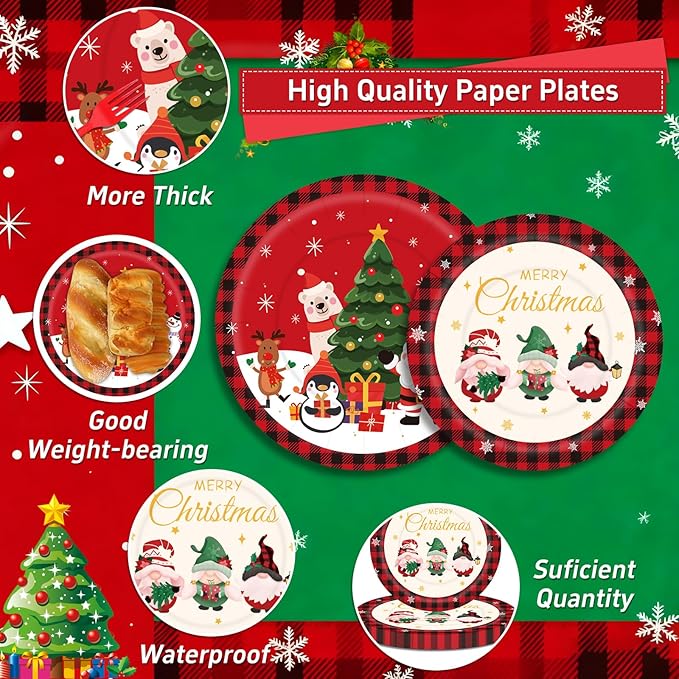 175PCS Large Christmas Paper Plates and Napkins Serves 25, Red Disposable Dinnerware Set, Christmas Party Supplies Decoration, Holiday Party Plates Total