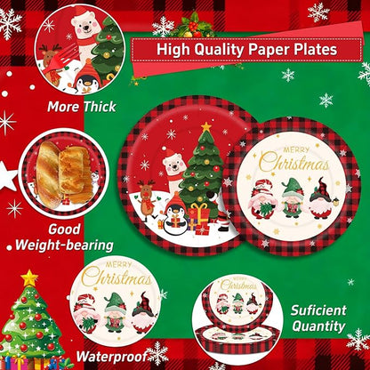 175PCS Large Christmas Paper Plates and Napkins Serves 25, Red Disposable Dinnerware Set, Christmas Party Supplies Decoration, Holiday Party Plates Total