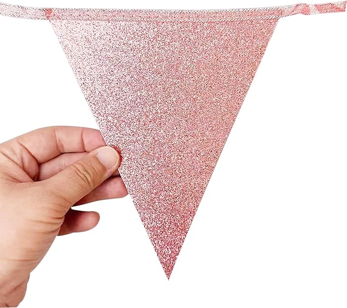 Dusty Rose Pink Buffalo Plaid Rose Gold Party Decorations Pennant Banner Flag Hanging Glitter Paper Triangle Bunting for Women Girls Birthday Baby Shower Wedding Bridal Shower Hen Party Supplies