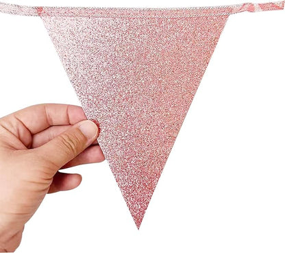 Dusty Rose Pink Buffalo Plaid Rose Gold Party Decorations Pennant Banner Flag Hanging Glitter Paper Triangle Bunting for Women Girls Birthday Baby Shower Wedding Bridal Shower Hen Party Supplies